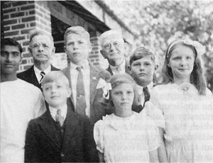 Baptism Sunday, Jan. 2, 1938, Champa, India. First two rows, left to right: Nathanael Benji, Joseph J. Duerksen, Donald Isaac, Clara Baruam, Kenneth Bauman, Eleanor Thiessen. In the back are P. W. Penner and P. A. Penner, who officiated at the service.