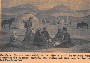Brother Herman Jantzen, front right, with the open Bible, in conversation while drinking tea with hospitable Kyrgyz. In the background you can see the yurts of the nomadic people.