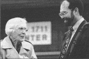 Minnie Graber in 1996 with Stanley Green, president of Mennonite Board of Missions. MBM photo