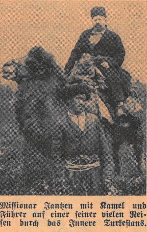 Missionary Jantzen with camel and guide on one of his many journeys through the interior of Turkestan.