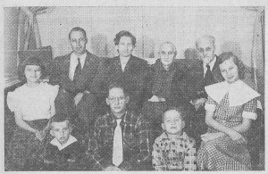 RECENT PHOTO of Kuhlmann family. Seated on couch, left to right. Rev. Paul Kuhlmann and Mrs. Paul (Helene) Kuhlmann, Omaha, Nebr.; Mrs. Maria Kuhlmann and Rev. Ernst Kuhlmann, missionaries in China for over 30 years and parents of Paul Kuhlmann. The children, left to right, Grace, Johnny, David, Ernest and Ruth. Killed in the Wyoming accident on Wednesday, July 18, were Mrs. Maria Kuhlmann and David Kuhlmann.
